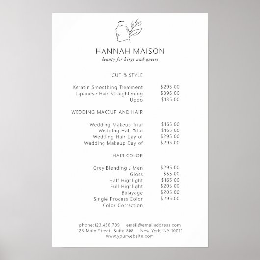 Modern, Line Art, Vrouw, Blad, Salon, Prijslijst Poster (Voorkant)