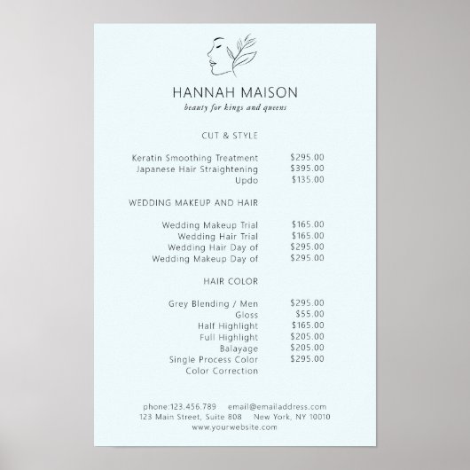 Modern, Line Art, Vrouw, Blad, Salon, Prijslijst Poster (Voorkant)