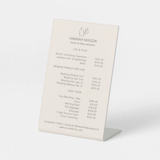 Modern, Line Art, Vrouw, Blad, Salon, Prijslijst Reclamebord Met Voetstuk (Voorkant)