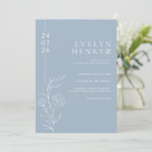 Modern Line Floral Dusty Blue Wedding Kaart (Staand voorkant)