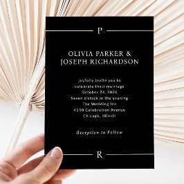 Modern Lines and Monogram | Dark Black Wedding Kaart