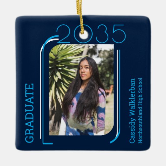 Modern Lines Blue Photo Afstuderen Keramisch Ornament (Voorkant)
