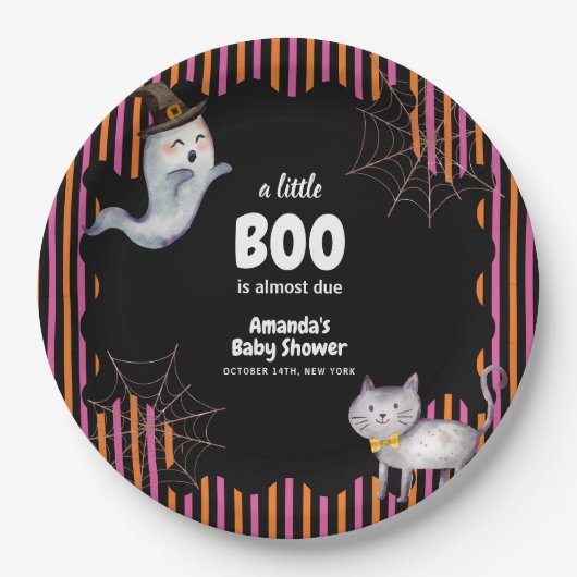 Modern Little Boo Ghost Cat Baby Shower  Papieren Bordje (Voorkant)