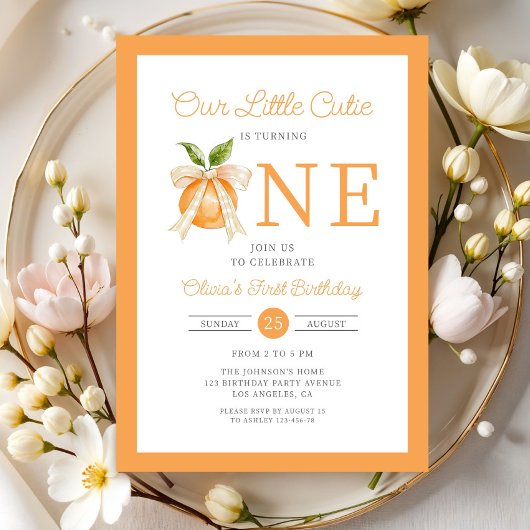 Modern Little Cutie Orange Citrus 1st Birthday Kaart