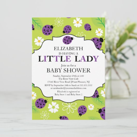Modern Little Lady Paars Ladybug Baby shower Kaart (Staand voorkant)