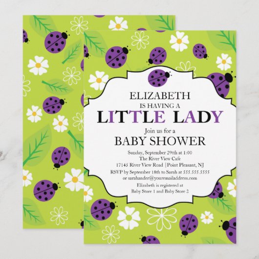 Modern Little Lady Paars Ladybug Baby shower Kaart (Voorkant / Achterkant)