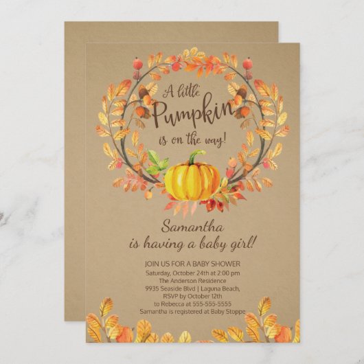 Modern Little Pumpkin Baby shower Invitation Kaart (Voorkant / Achterkant)