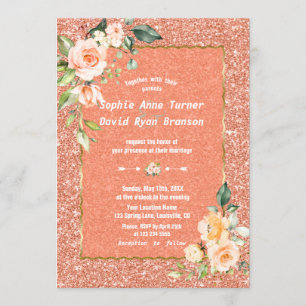 Modern Living Coral Flowers Coral Glitter Wedding Kaart