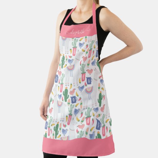 Modern Llama Cactus Blush Pink Girly Script Naam Schort (Insitu)