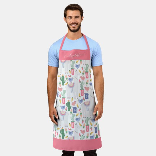 Modern Llama Cactus Blush Pink Girly Script Naam Schort (Gedragen)