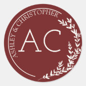 Modern Lofwerk Frame Diep Rood Bruiloft Ronde Sticker (Voorkant)