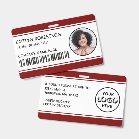 Modern logo barcode bordeauxrode personeelskaart badge (Voor- en achterkant)