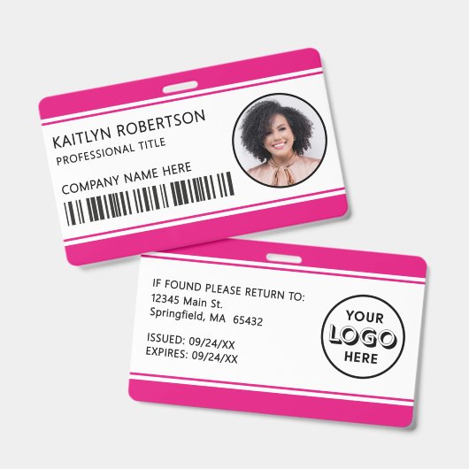Modern Logo Barcode Hot Roze Personeelsfoto ID Badge (Voor- en achterkant)
