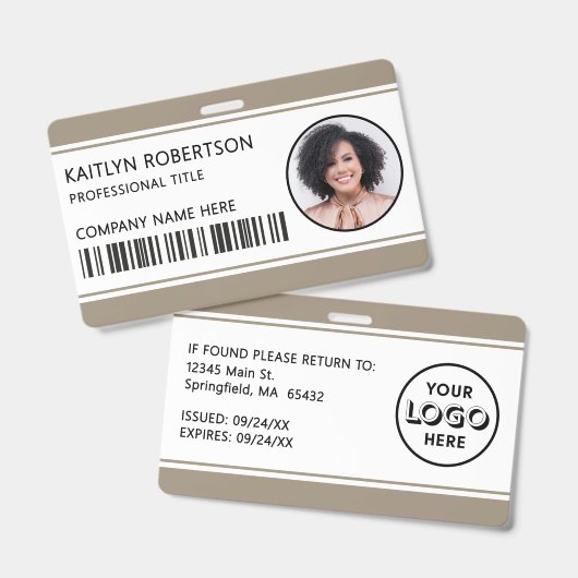 Modern logo barcode lichtbruine personeelskaart badge (Voor- en achterkant)