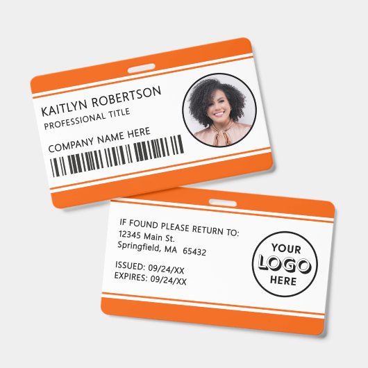 Modern Logo Barcode Oranje Personeelsfoto ID Badge (Voor- en achterkant)
