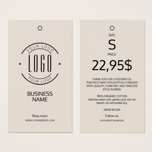 Modern logo beige kledinglabel hangtag visitekaartje (Voorkant /achterkant)