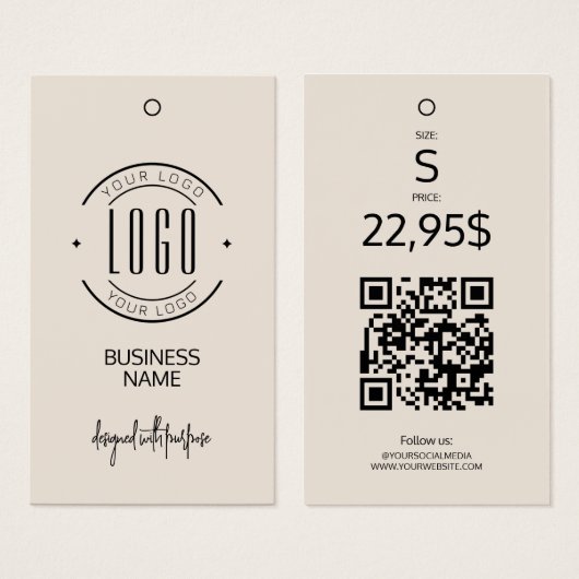 Modern logo beige QR-code kleding hangtag Visitekaartje (Voorkant /achterkant)