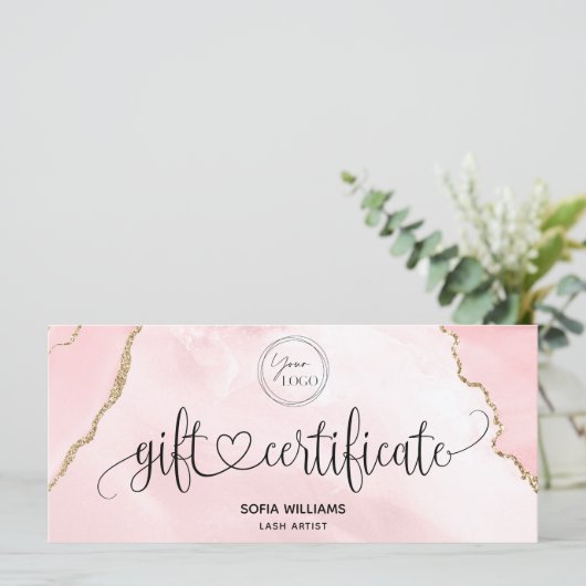 Modern Logo Blush Roze Agaat Certificaat Gift Kaar (Staand voorkant)
