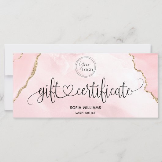 Modern Logo Blush Roze Agaat Certificaat Gift Kaar (Voorkant)