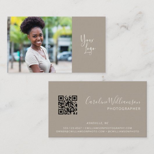 Modern Logo Boho Taupe Eenvoudige QR-code Foto Visitekaartje (Voorkant / Achterkant)