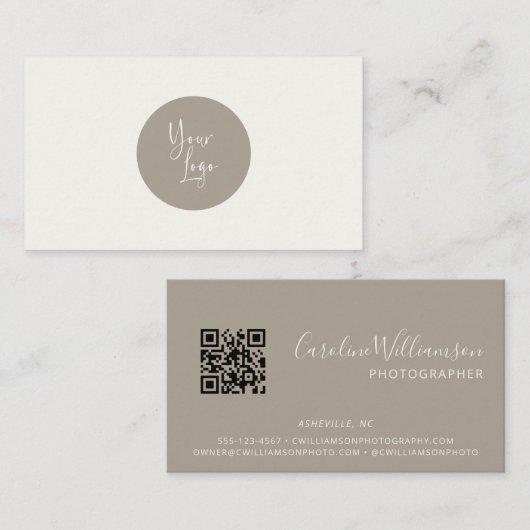Modern Logo Boho Taupe Eenvoudige QR Code Minimali Visitekaartje (Voorkant / Achterkant)