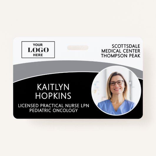 Modern Logo Photo ID Barcode Nurse Name Badge (Voorkant)