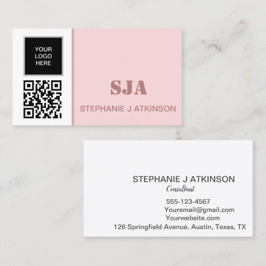 Modern Logo QR Code Blush Pink Professional Visitekaartje (Voorkant / Achterkant)