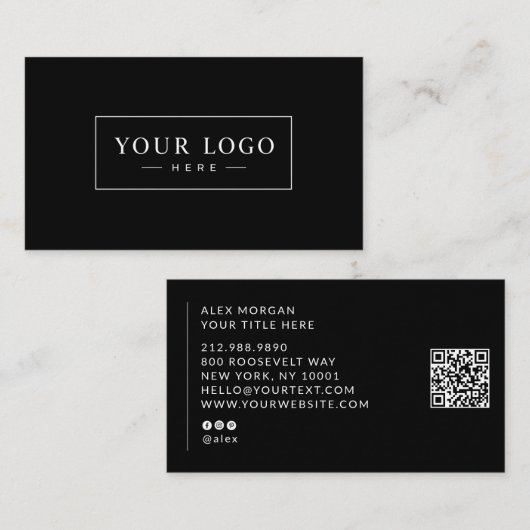 Modern Logo QR-code Professioneel Zwart Visitekaartje (Voorkant / Achterkant)