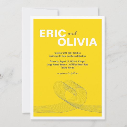 Modern Loopy Heart Love Line Yellow Wedding Invite Kaart (Voorkant)