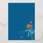 Modern Lotus Flower Oranje and Blue Wedding Folie Uitnodiging (Achterkant)
