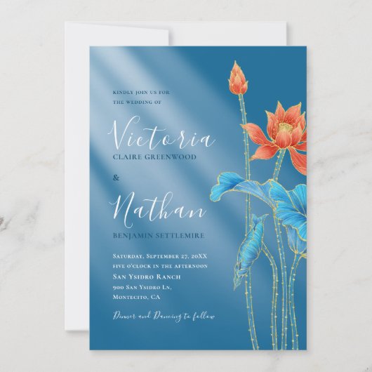 Modern Lotus Flowers Blue Wedding Uitnodiging (Voorkant)