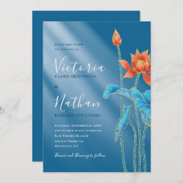 Modern Lotus Flowers Blue Wedding Uitnodiging