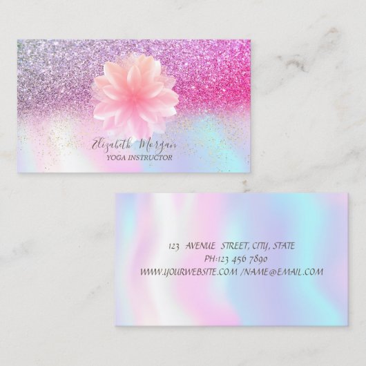 Modern Lotus Glitter Confetti Holographic Visitekaartje (Voorkant / Achterkant)