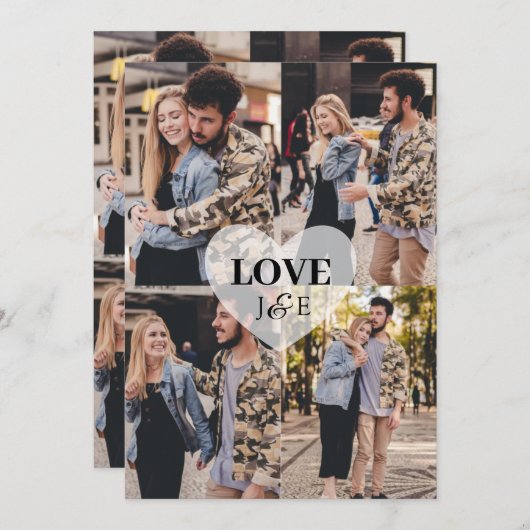 Modern "Love" 4 Custom Photo Couple Monogram Feestdagenkaart (Voorkant / Achterkant)