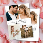 Modern Love and Bedankt Script Collage Wedding<br><div class="desc">Moderne, elegante, handgeschreven "Love and Bedankt" Script Photo Collage Wedding Hartelijk dank. Stijlvolle sjabloon met drie (3) foto aan de voorzijde en één (1) foto aan de achterzijde. Met een tekst van de "Liefde en Bedankt" in een handomdraai met kalligrafie of typografiescript is de staartdoopvont van de "Love and "...</div>