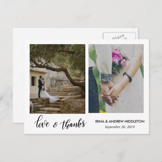 Modern Love & Bedankt Script Twee huwelijksfoto's Briefkaart (Voorkant / Achterkant)