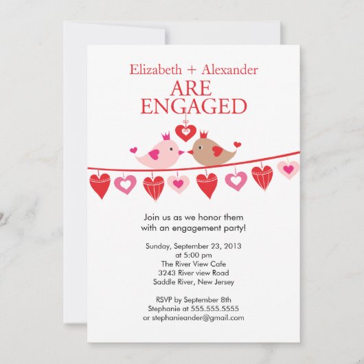Modern Love Bird Hearts Verloving Invitations Kaart (Voorkant)
