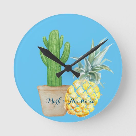 Modern Love Blue Pineapple and Cactus Ronde Klok (Voorkant)
