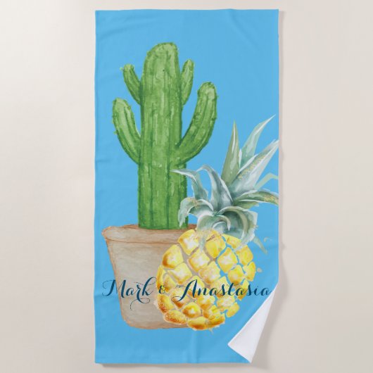 Modern Love Blue Pineapple and Cactus Strandlaken (Voorkant)