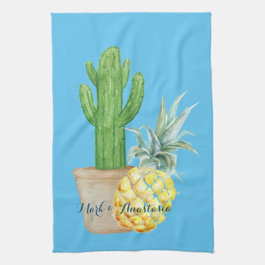 Modern Love Blue Pineapple and Cactus Theedoek (Verticaal)