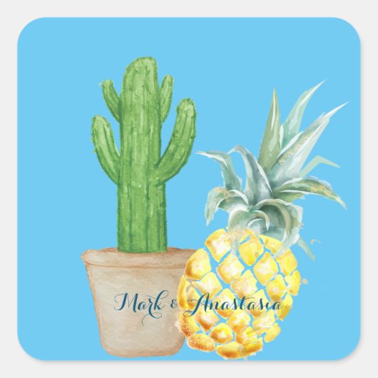 Modern Love Blue Pineapple and Cactus Vierkante Sticker (Voorkant)