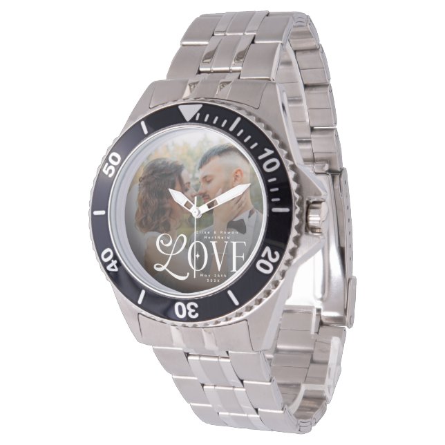 Modern Love Custom Wedding Photo Couples Monogram Horloge (Gekanteld)