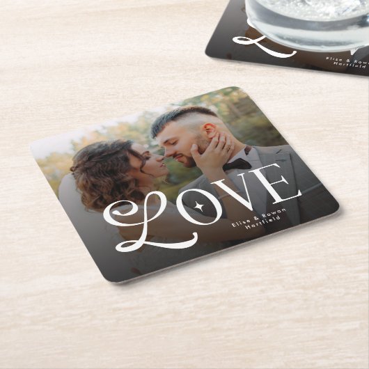 Modern Love Custom Wedding Photo Couples Monogram Kartonnen Onderzetters (Schuin)