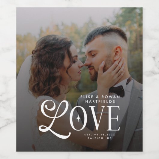 Modern Love Custom Wedding Photo Couples Monogram Wijn Etiket (Enkel label)
