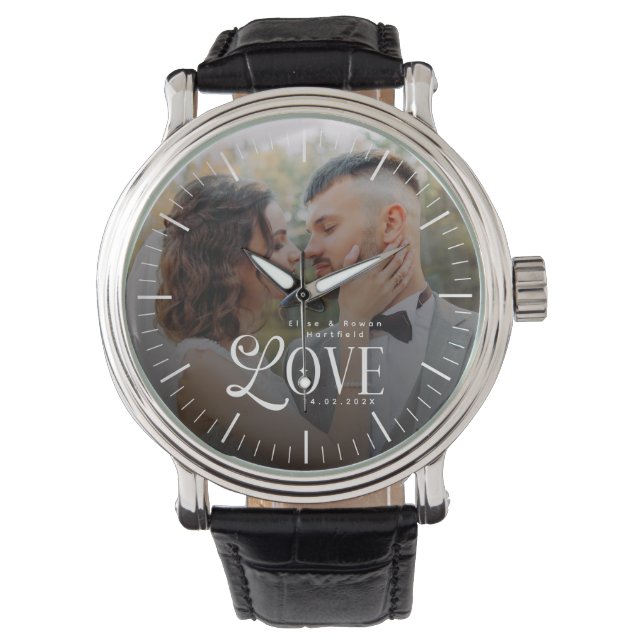 Modern Love Custom Wedding Photo Couples Newlyweds Horloge (Voorkant)