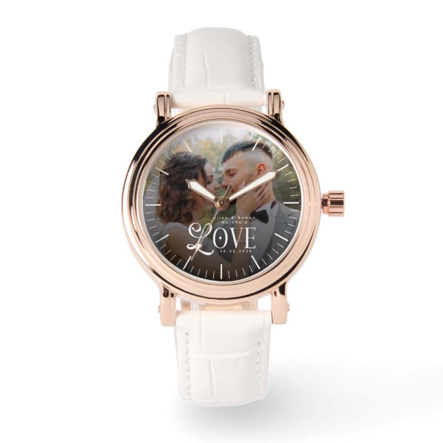Modern Love Custom Wedding Photo Couples Newlyweds Horloge (Voorkant)