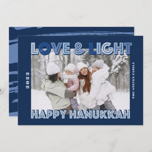 Modern Love light Happy Hanukkah blue script Feestdagenkaart (Voorkant / Achterkant)