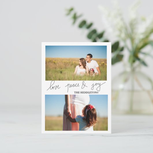 Modern Love Peace and Joy Holiday Twee Foto Feestdagenkaart (Staand voorkant)