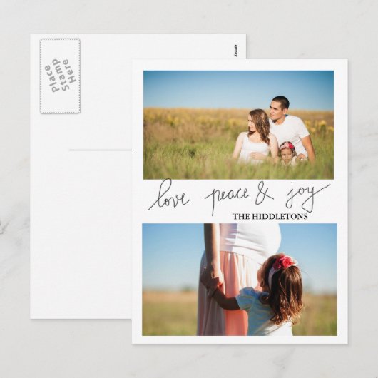 Modern Love Peace and Joy Holiday Twee Foto Feestdagenkaart (Voorkant / Achterkant)
