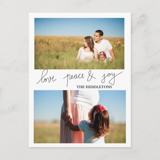 Modern Love Peace and Joy Holiday Twee Foto Feestdagenkaart (Voorkant)